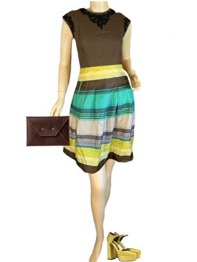 BANANA REPPUBLIC GREEN , BROWN & BLUE STRIPE SILK ROUND SKIRT NWT (8)